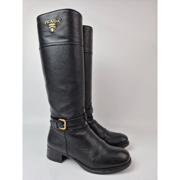 Prada Women's Black Pebbled Leather Logo Riding Pull On Boots Size 36.5 - Picture 1 of 7